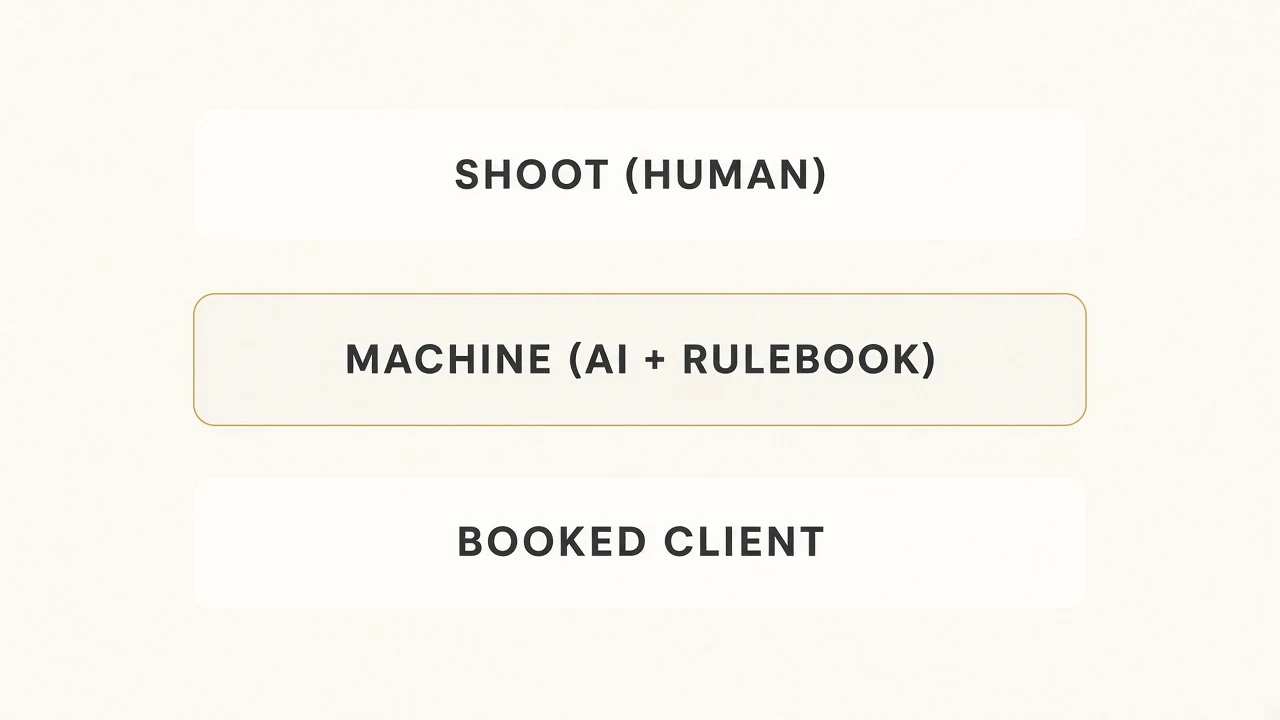 Three stacked bars: SHOOT (HUMAN) on top, MACHINE (AI + RULEBOOK) in the middle with a gold outline, BOOKED CLIENT at the bottom.