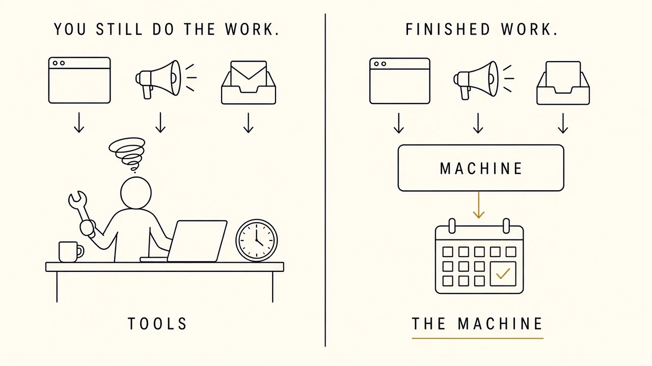 Two-panel sketch. Left, labeled TOOLS: website, ads, and inbox arrows dump onto a person at a desk who still does the work. Right, labeled THE MACHINE: the same inputs feed a machine box, then a gold arrow to a booked calendar of finished work.
