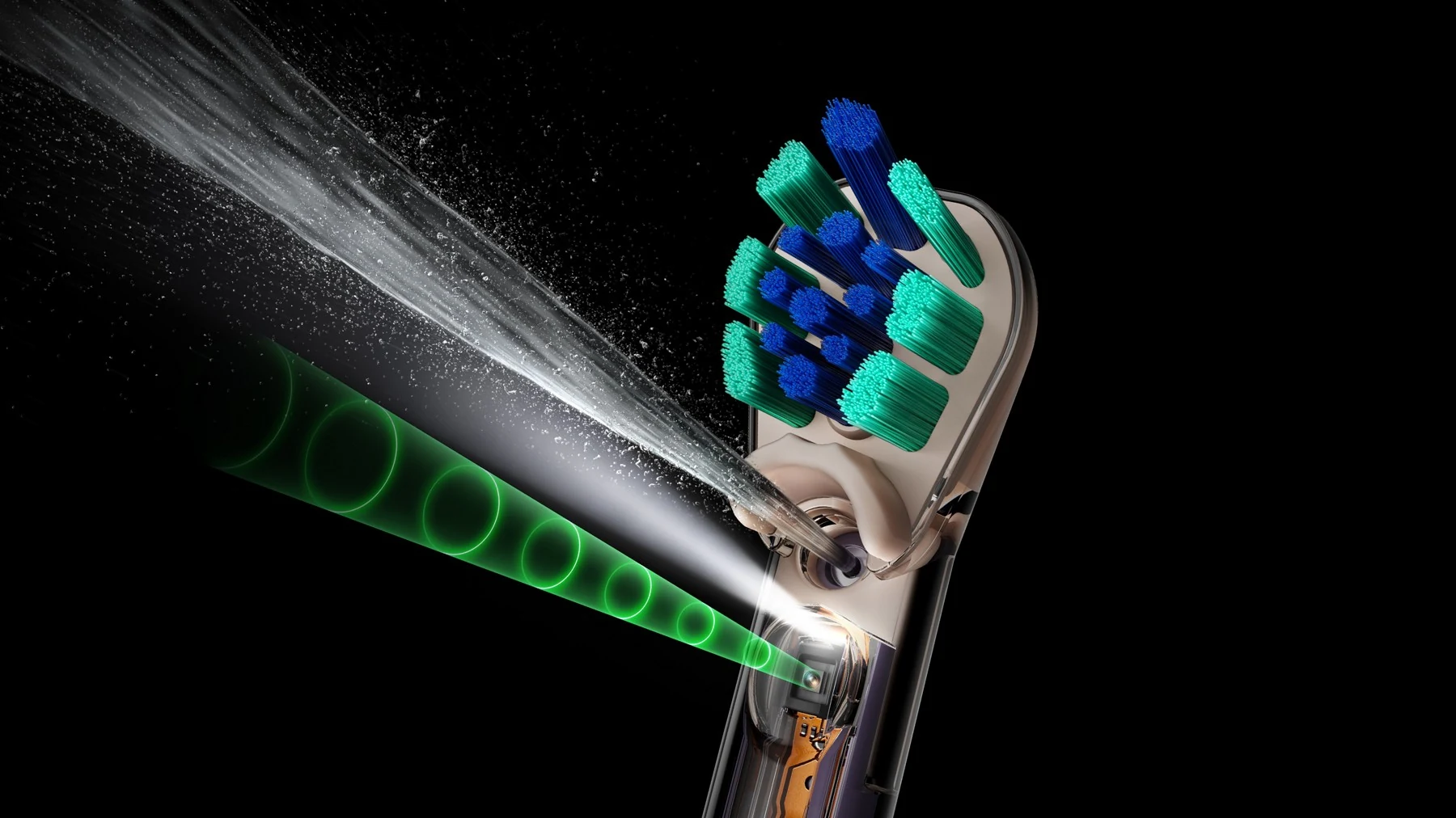 CameraJet brush head firing a jet of mouthrinse, from the official product page