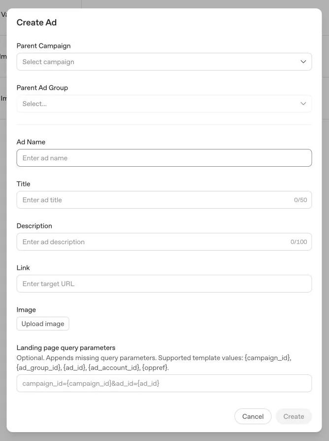 OpenAI Ads Manager Create Ad dialog with title, description, destination link, image upload, and landing page parameters