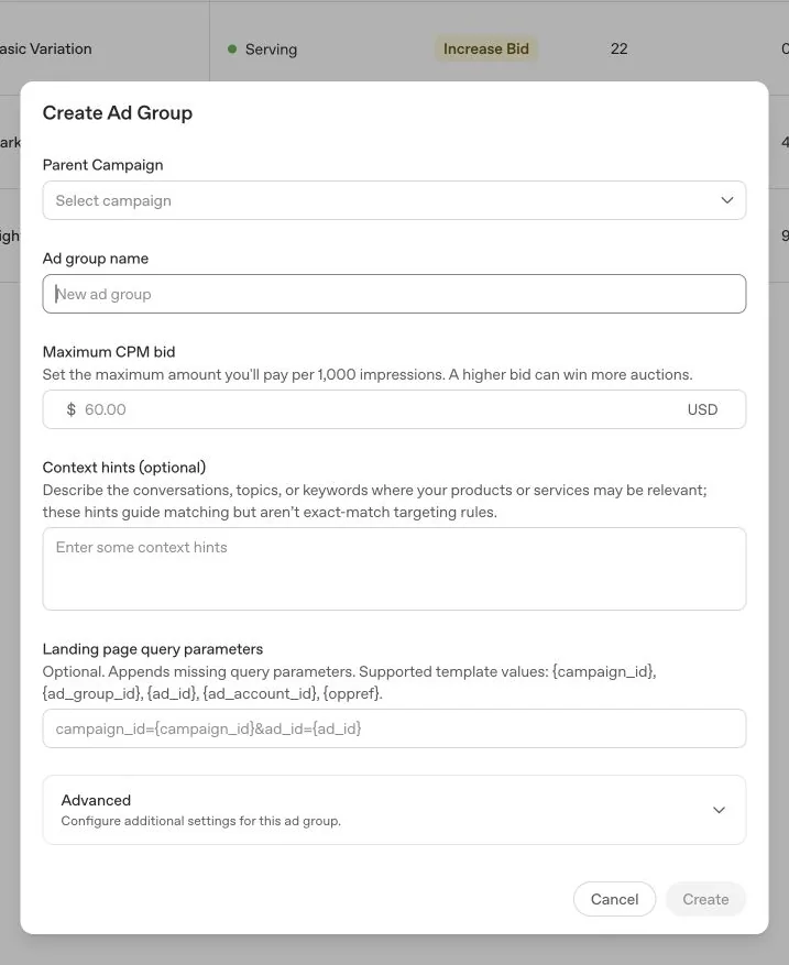 OpenAI Ads Manager Create Ad Group dialog with maximum bid, context hints, query parameters, and advanced settings