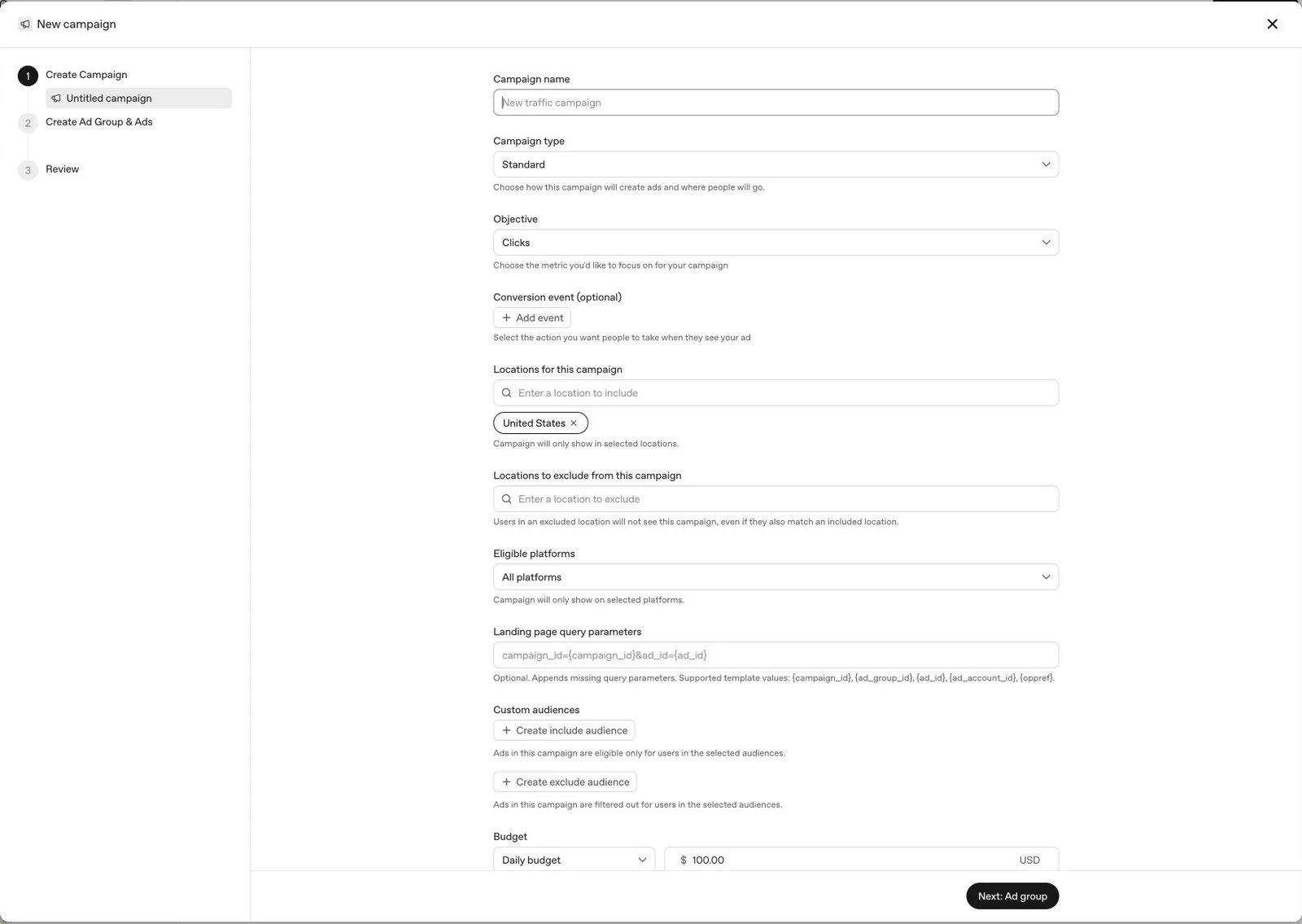 OpenAI Ads Manager new Standard campaign fields including objective, location, platform, landing page parameters, custom audiences, and budget
