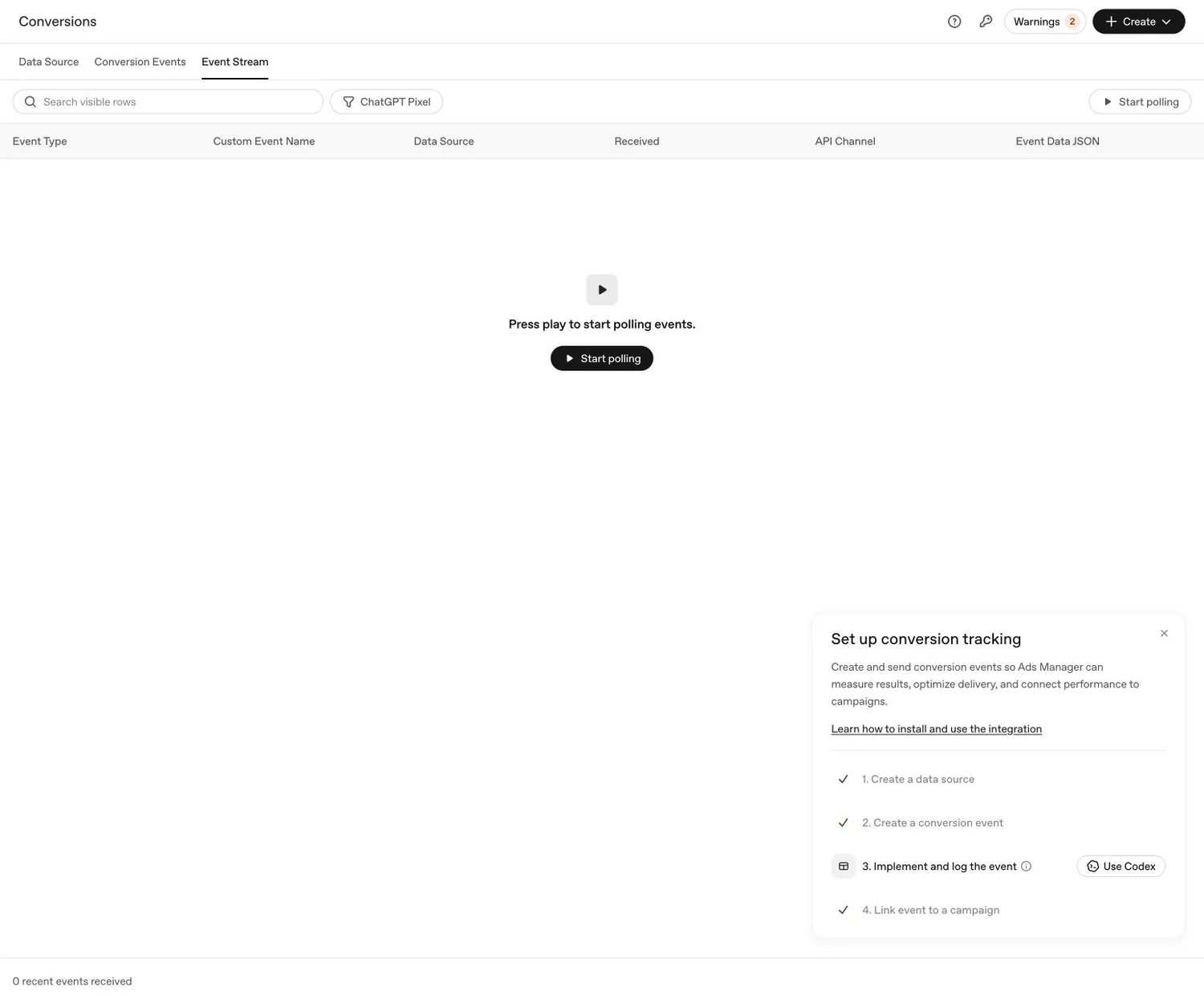 OpenAI Ads Manager Event Stream with zero recent events received and a Start polling control