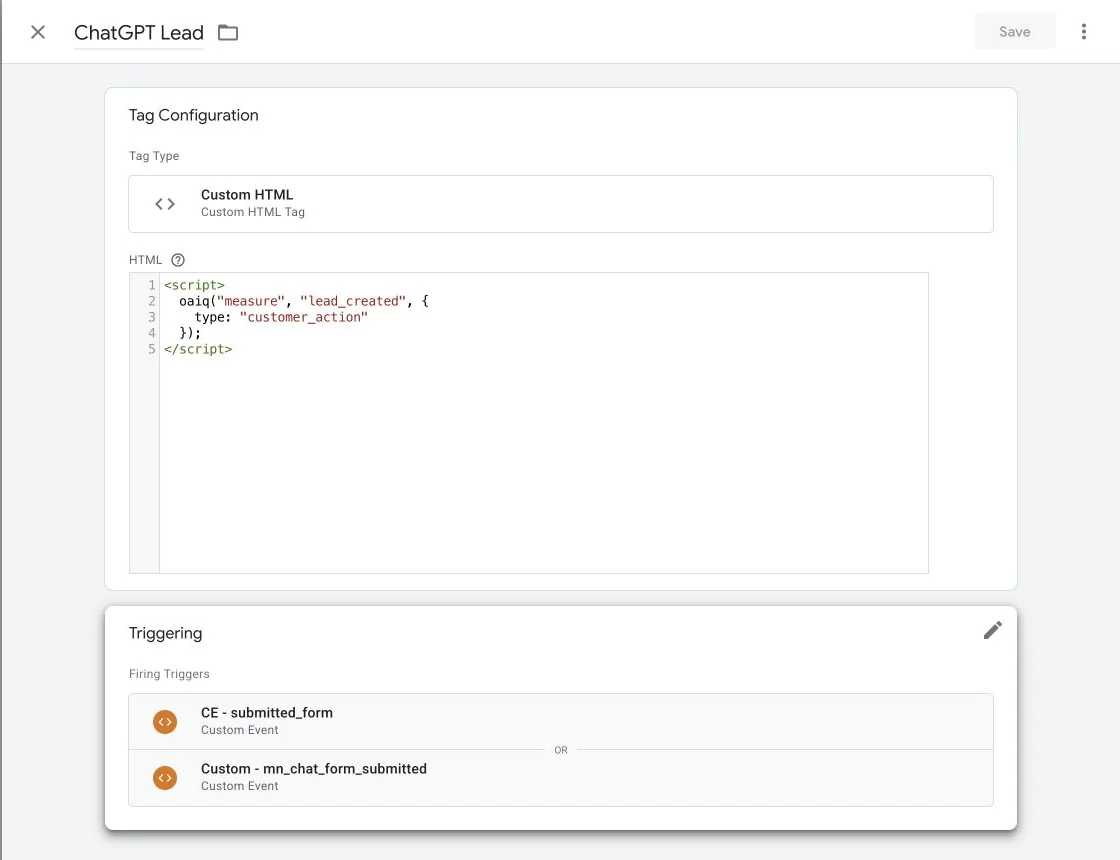 Google Tag Manager ChatGPT Lead Custom HTML tag calling lead_created with two custom form-success triggers