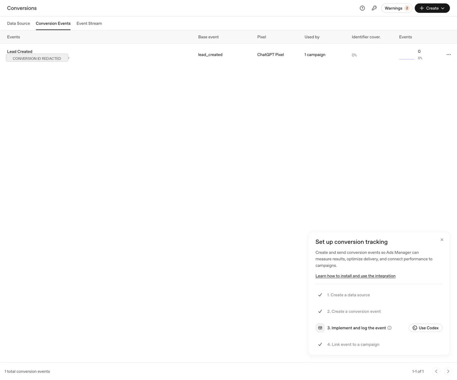 OpenAI Ads Manager Lead Created conversion event showing lead_created, one linked campaign, zero identifier coverage, zero events, and incomplete implementation status