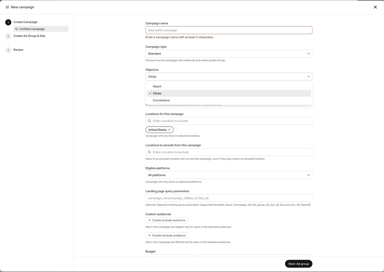 OpenAI Ads Manager Standard campaign objective menu showing Reach, Clicks, and Conversions
