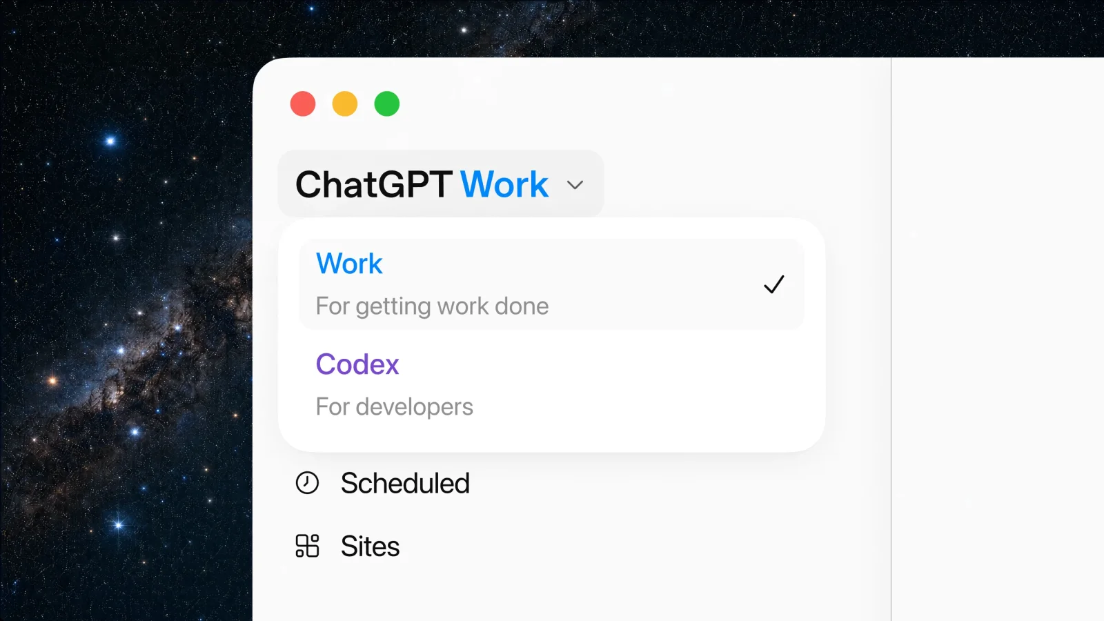 ChatGPT desktop picker with Work selected and Codex listed for developers