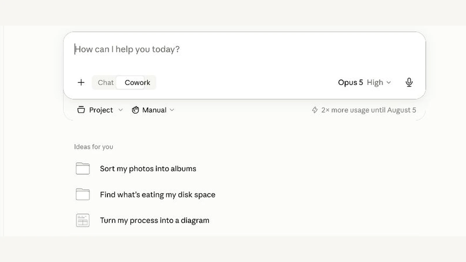 Claude Cowork prompt with Project and Manual controls plus a photo-sorting starter task