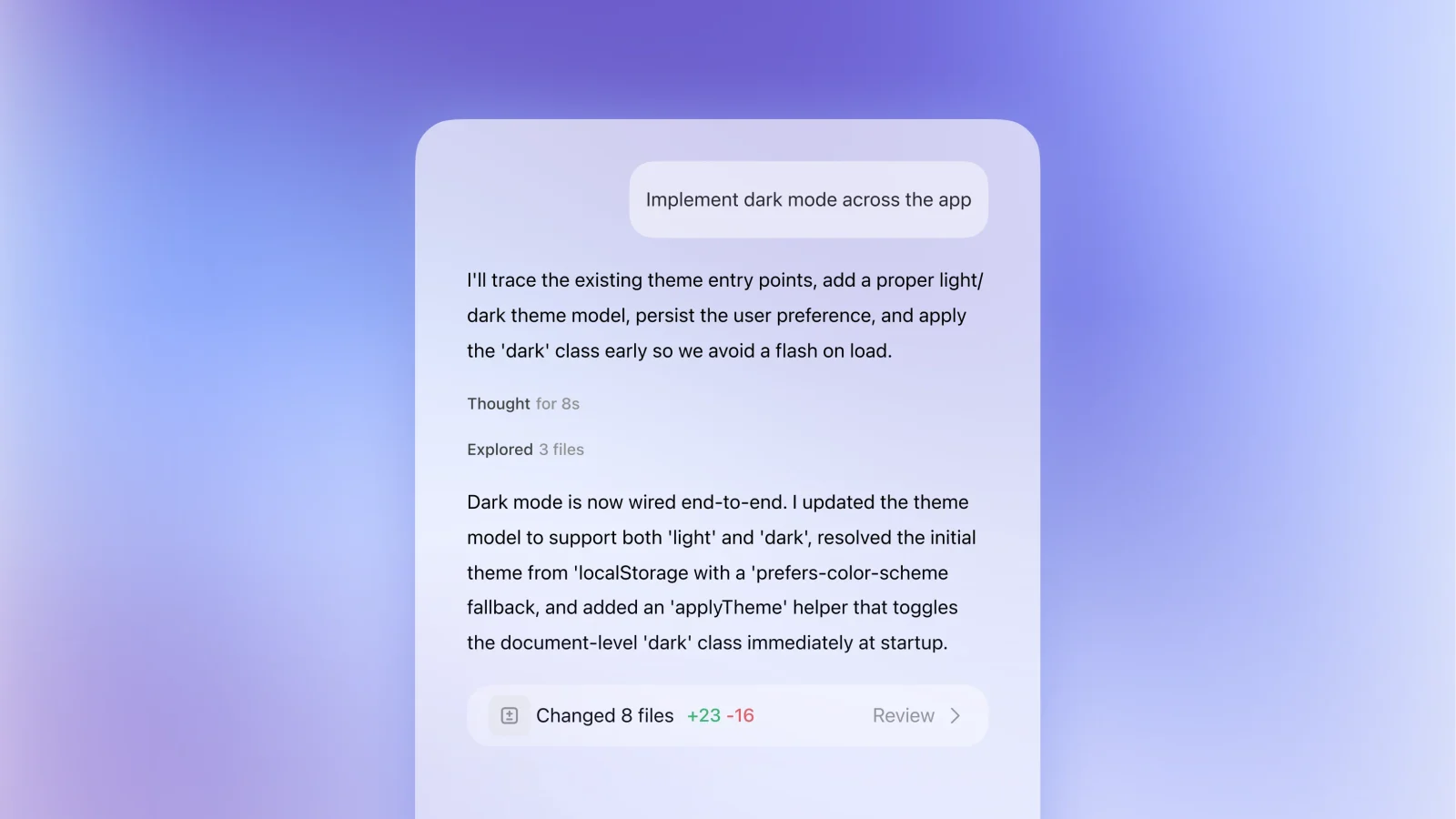 OpenAI Codex task showing an implemented code change and changed-files review