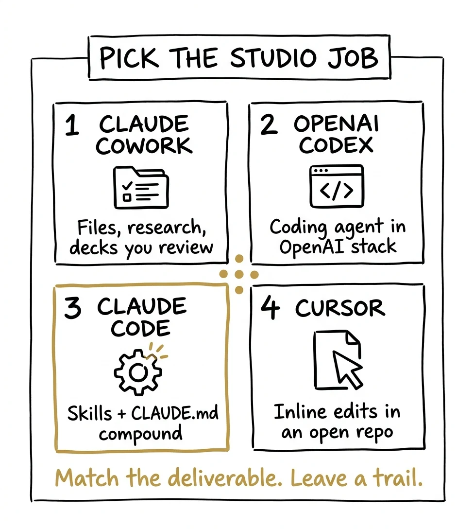 Four-quadrant studio map for Cowork, Codex, Claude Code, and Cursor