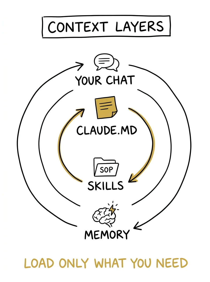Hand-drawn diagram of Claude context layers for photographers: your chat message, CLAUDE.md studio facts, skills loaded on demand, and memory