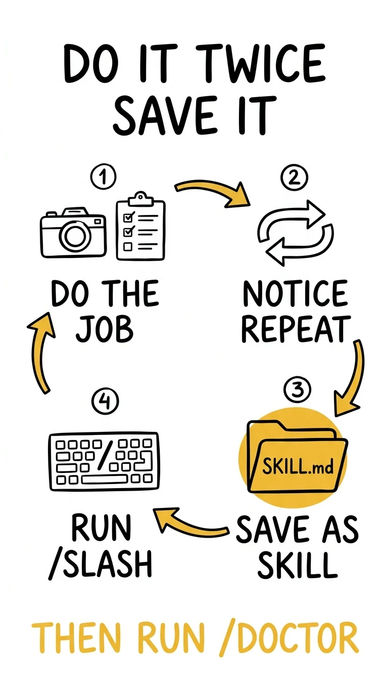 Cycle diagram: do the studio job, notice you repeated it, save as a Claude skill, run the slash command next time
