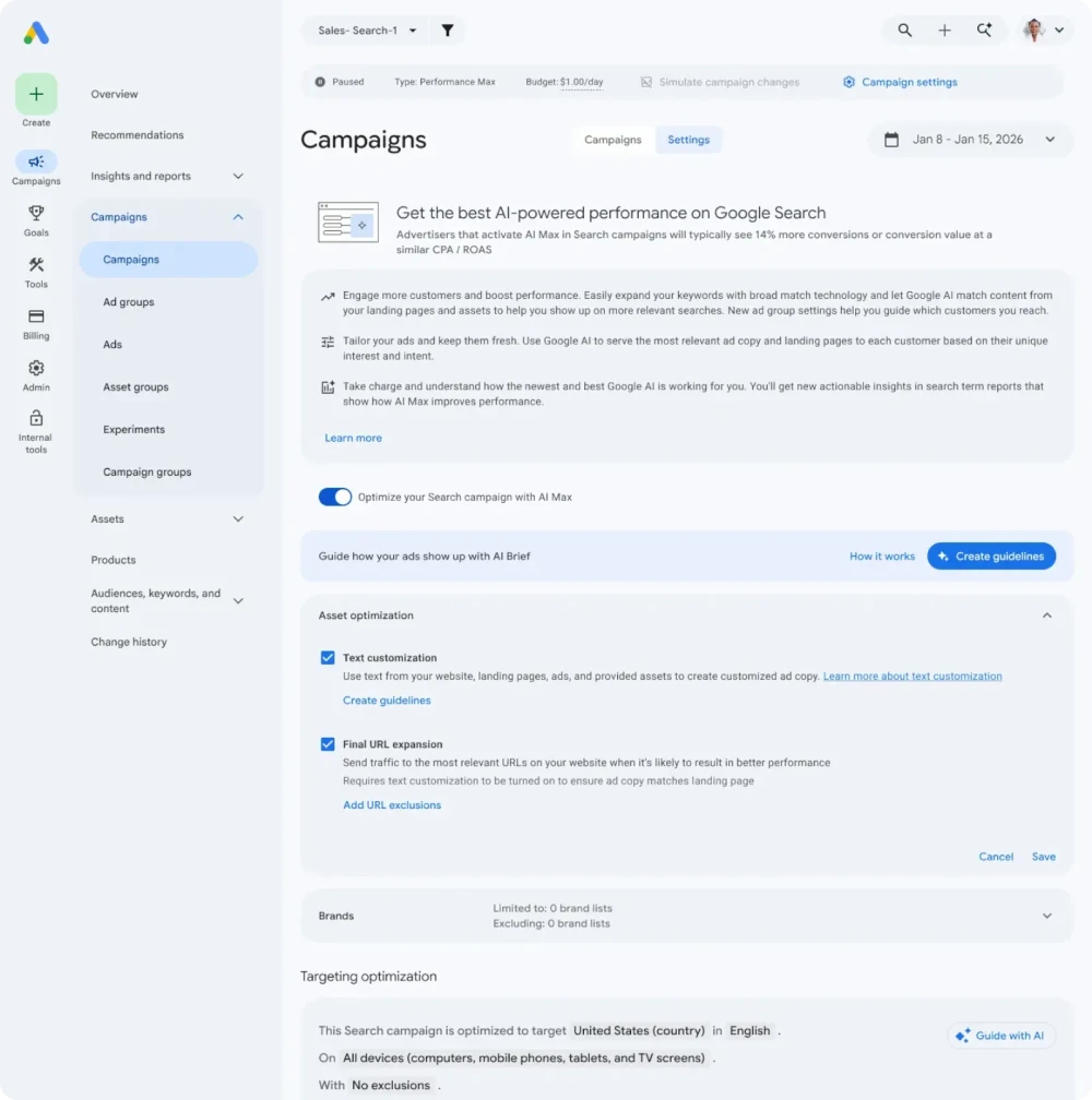 Google Ads AI Max campaign settings with search matching, text customization, Final URL expansion, and brand controls