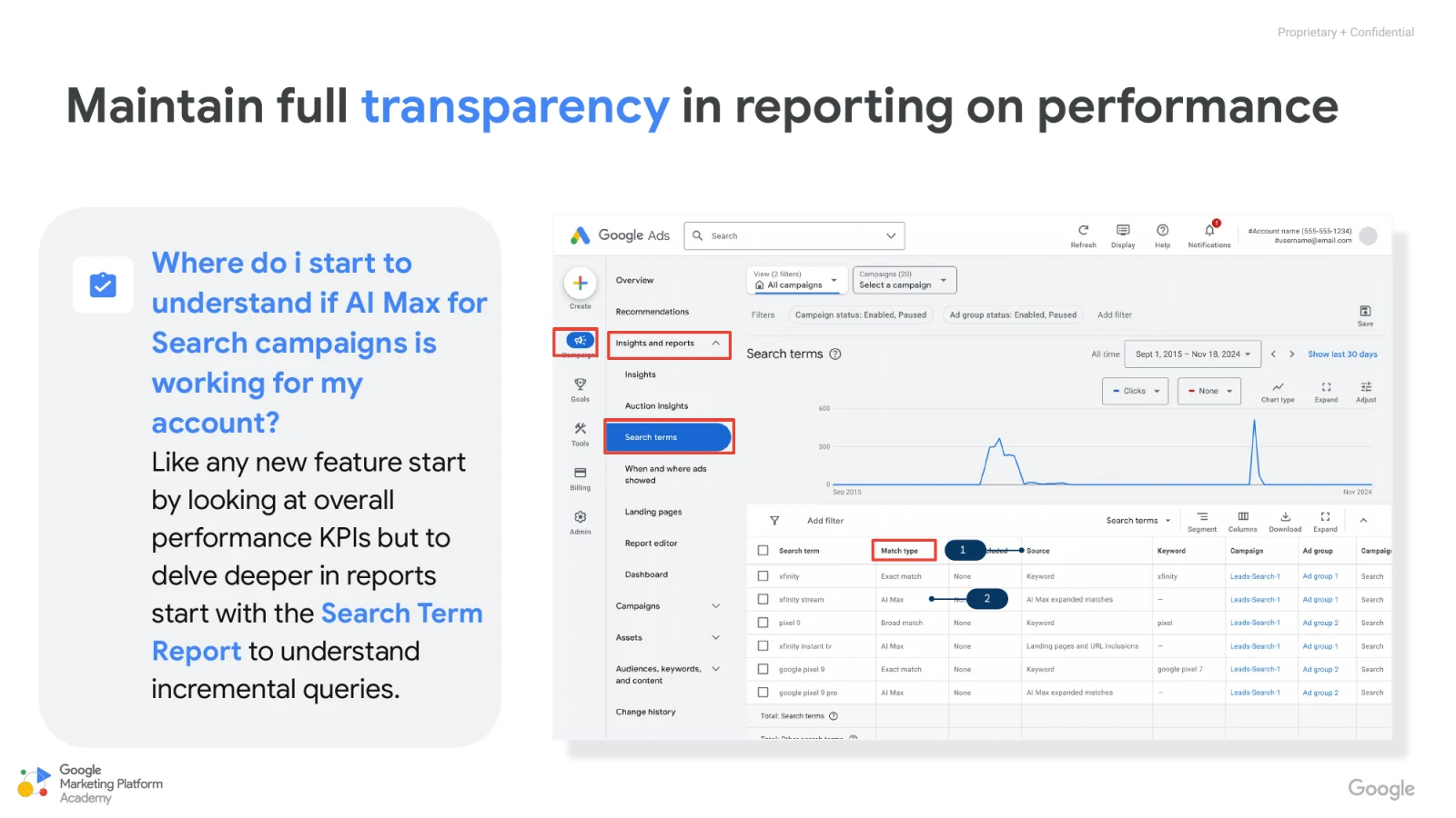 Google Ads search terms report with AI Max match type and source columns