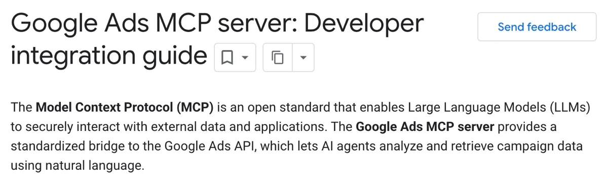 Google's developer guide titled Google Ads MCP server: Developer integration guide, describing a standardized bridge to the Google Ads API