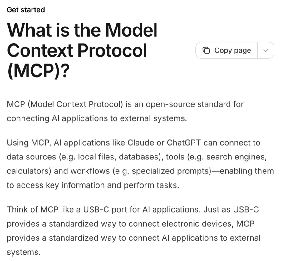 The Model Context Protocol documentation page titled What is the Model Context Protocol (MCP)?, comparing MCP to a USB-C port for AI applications