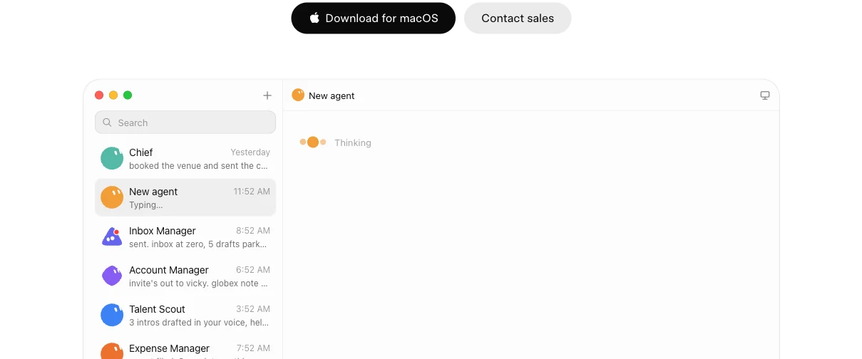 Grok Bot desktop app sidebar with named teammates like Chief, Inbox Manager, Account Manager, and Talent Scout