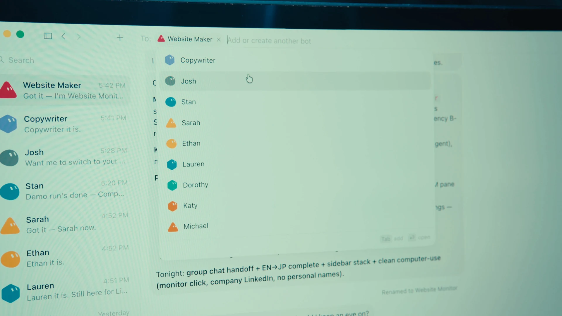 Grok Bot group chat adding another named teammate from a list including Copywriter and Website Maker