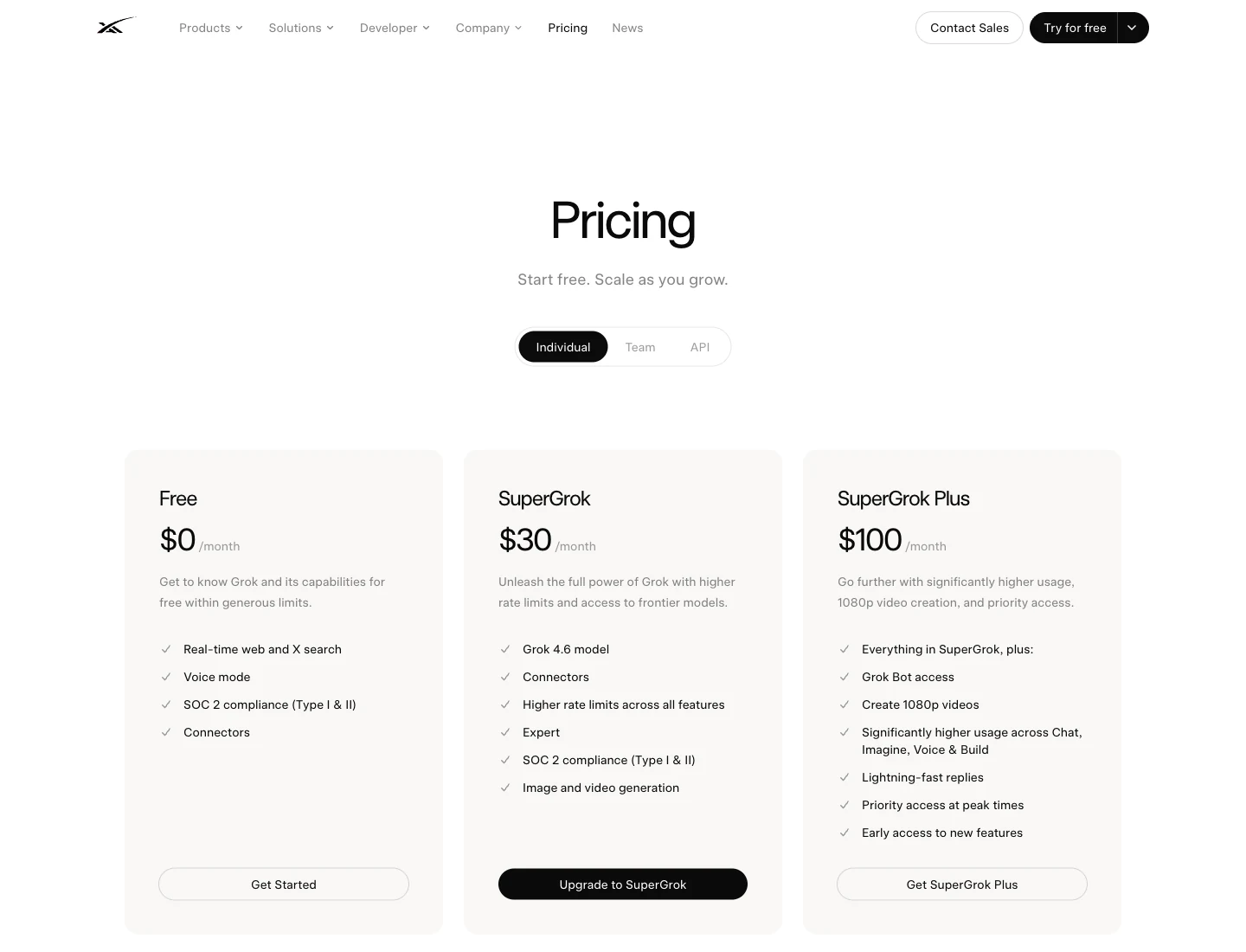 x.ai Individual pricing with SuperGrok at 30 dollars a month and SuperGrok Plus at 100 dollars a month listing Grok Bot access