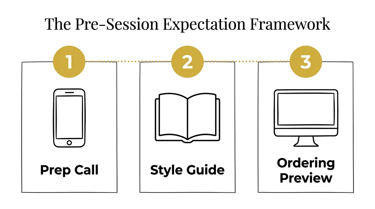 The Pre-Session Expectation Framework: 3 steps — prep call, style guide, ordering preview