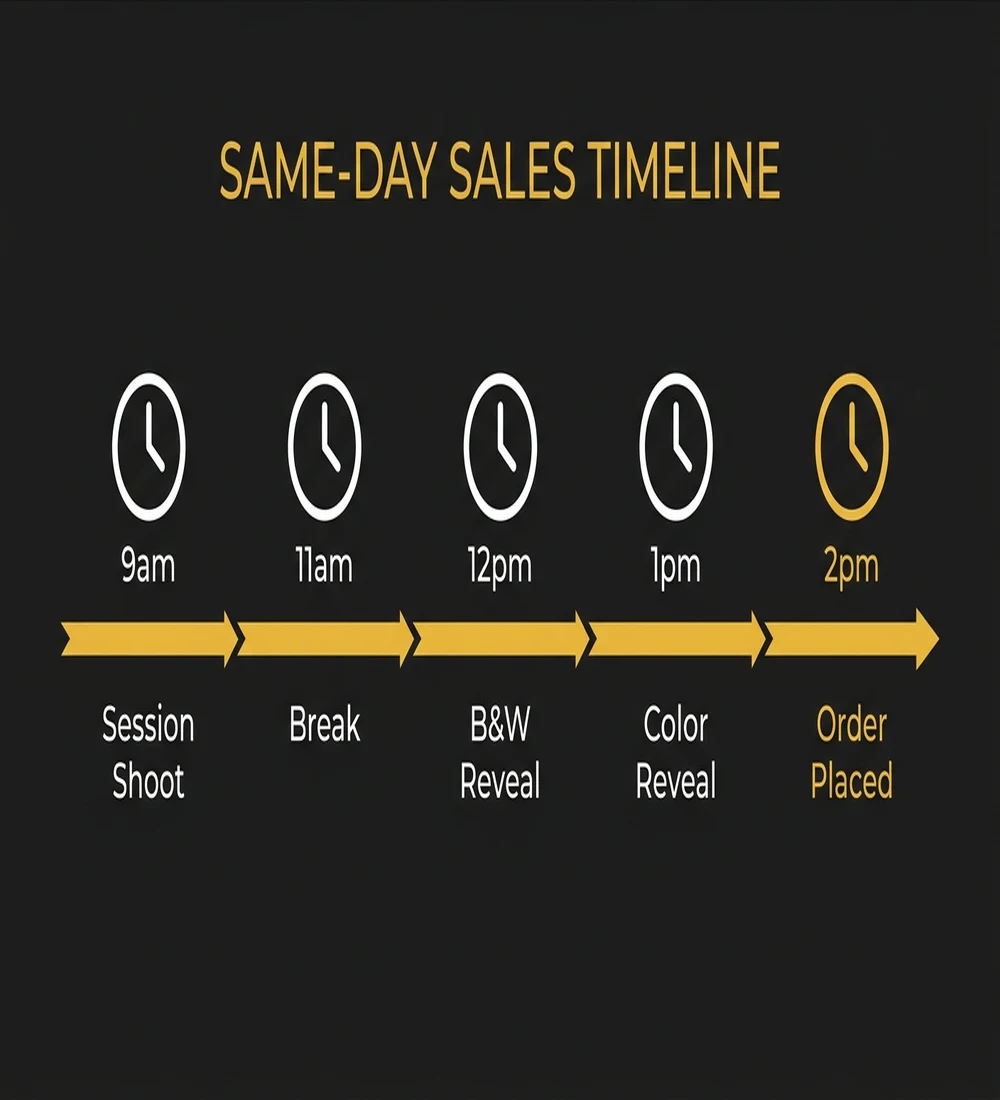 Same-Day Sales Timeline: 9am session, 11am break, 12pm B&amp;W reveal, 1pm color reveal, 2pm order