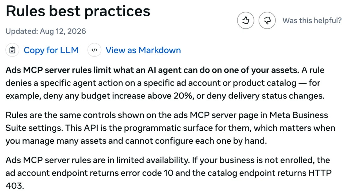 Meta's developer documentation page Rules best practices, explaining that Ads MCP server rules can deny actions like budget increases above 20 percent