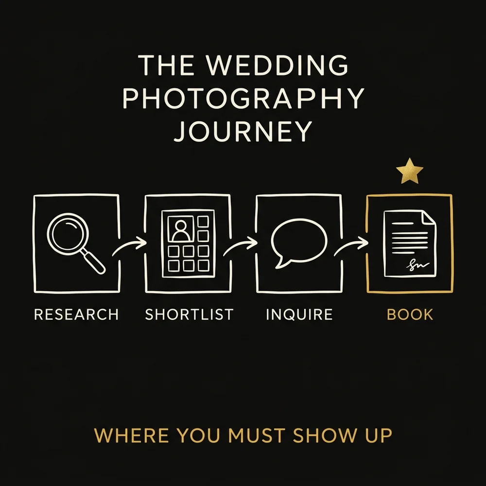 The 4 stages of a couple's wedding planning journey mapped to Instagram content types: discovery, research, comparison, decision