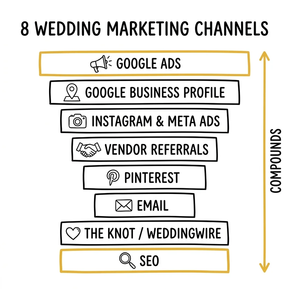 Wedding photography marketing channel matrix: the 2026 touchpoint journey from TikTok discovery through Google, GBP, Instagram, and email to booking decision