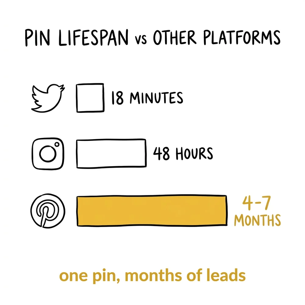 Pinterest pin lifespan vs Instagram: pins drive traffic for 18-24 months while Instagram posts last 48 hours