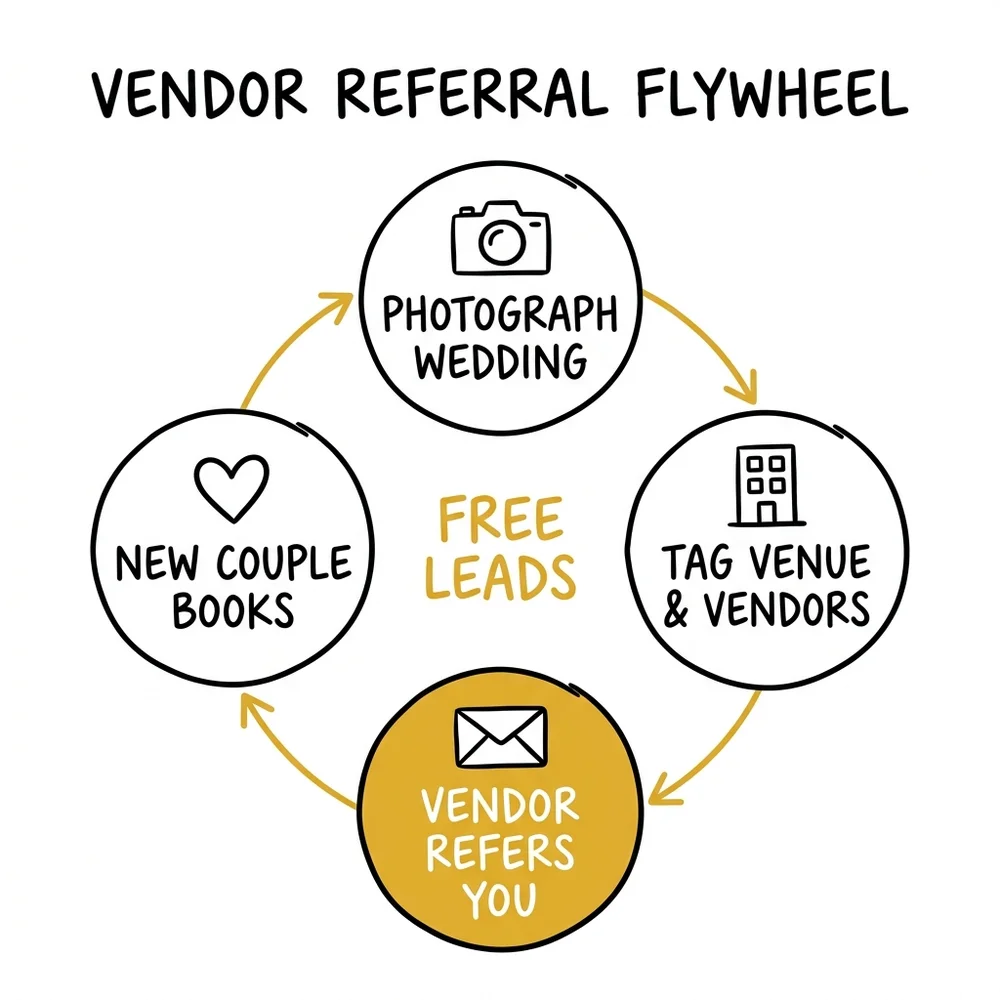 Wedding photography referral flywheel: shoot wedding → deliver exceptional gallery → ask for referral specifically → new couple inquires → book new wedding