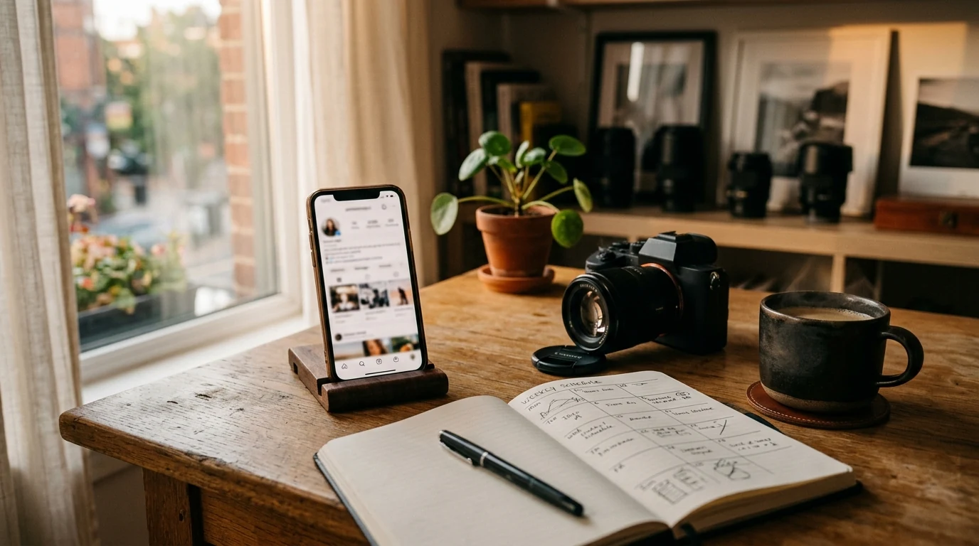 Photographer's desk with phone showing a social feed, camera, and a hand-sketched weekly posting schedule