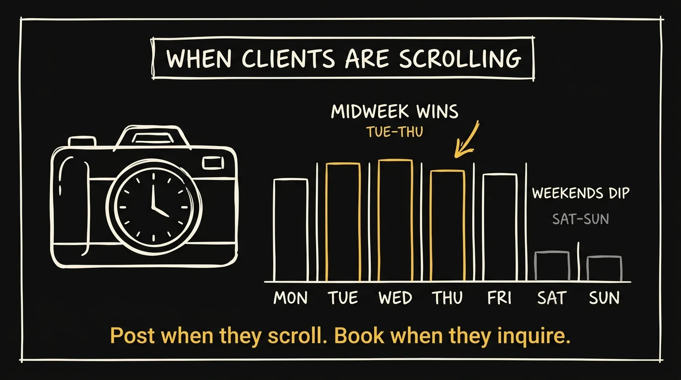Hand-drawn week chart showing midweek as the peak window for photographers posting to social media