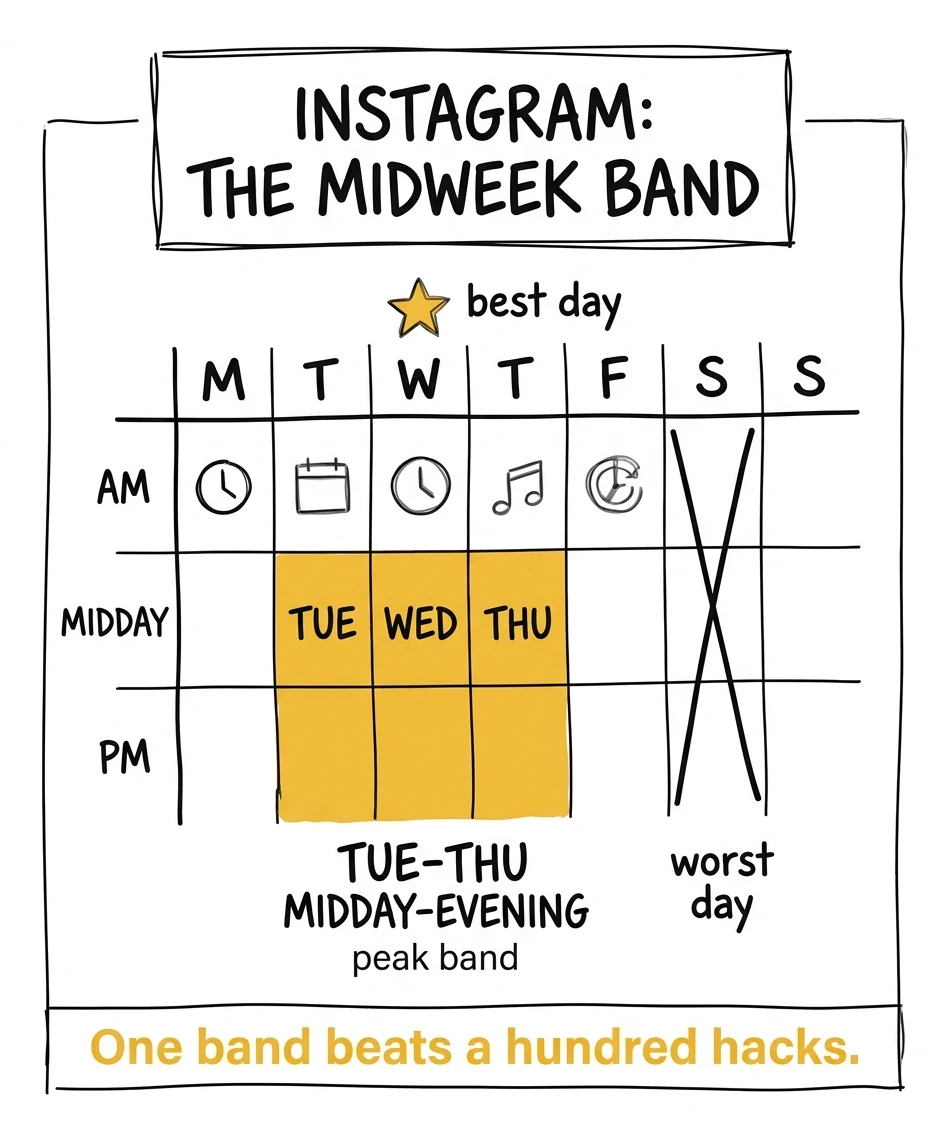 Week grid infographic highlighting the Tuesday to Thursday midday-to-evening peak band for photographers posting to Instagram
