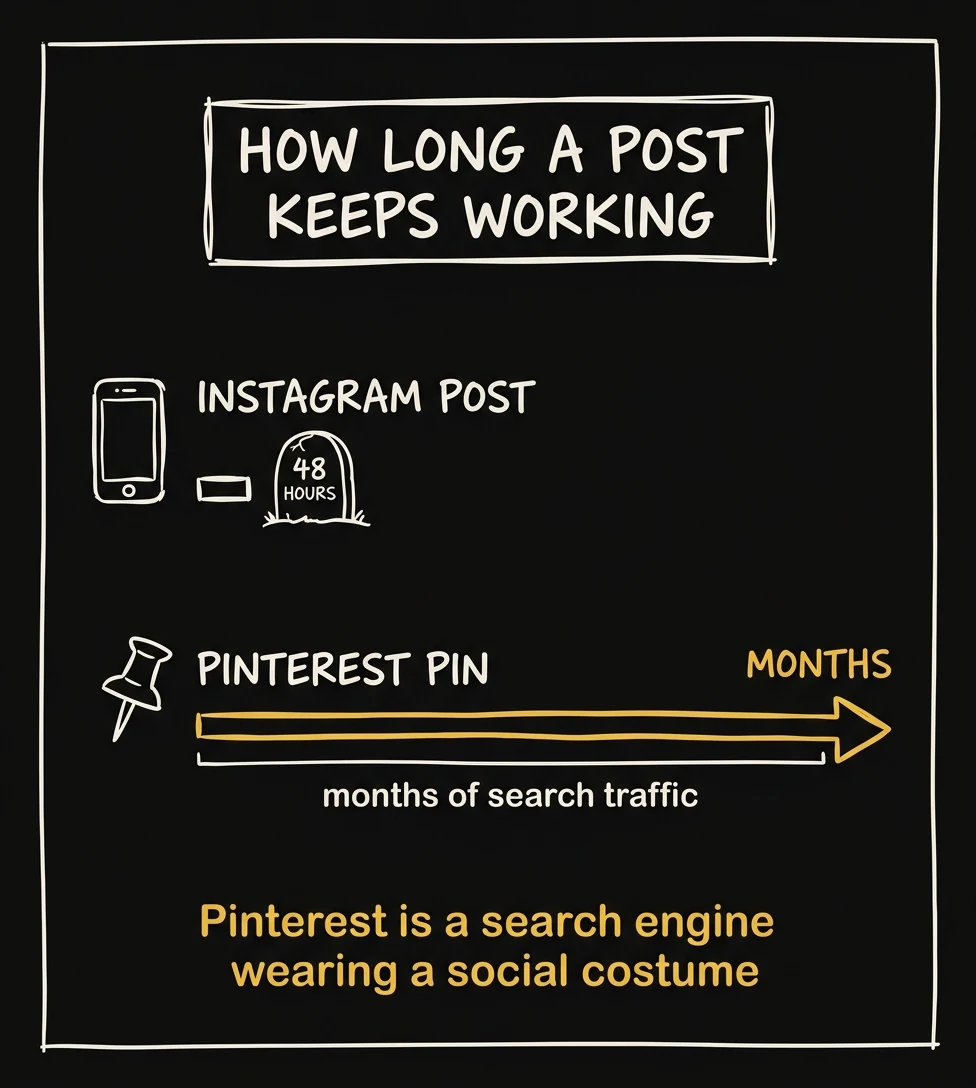 Timeline infographic comparing a 48-hour Instagram post lifespan to months of Pinterest pin search traffic