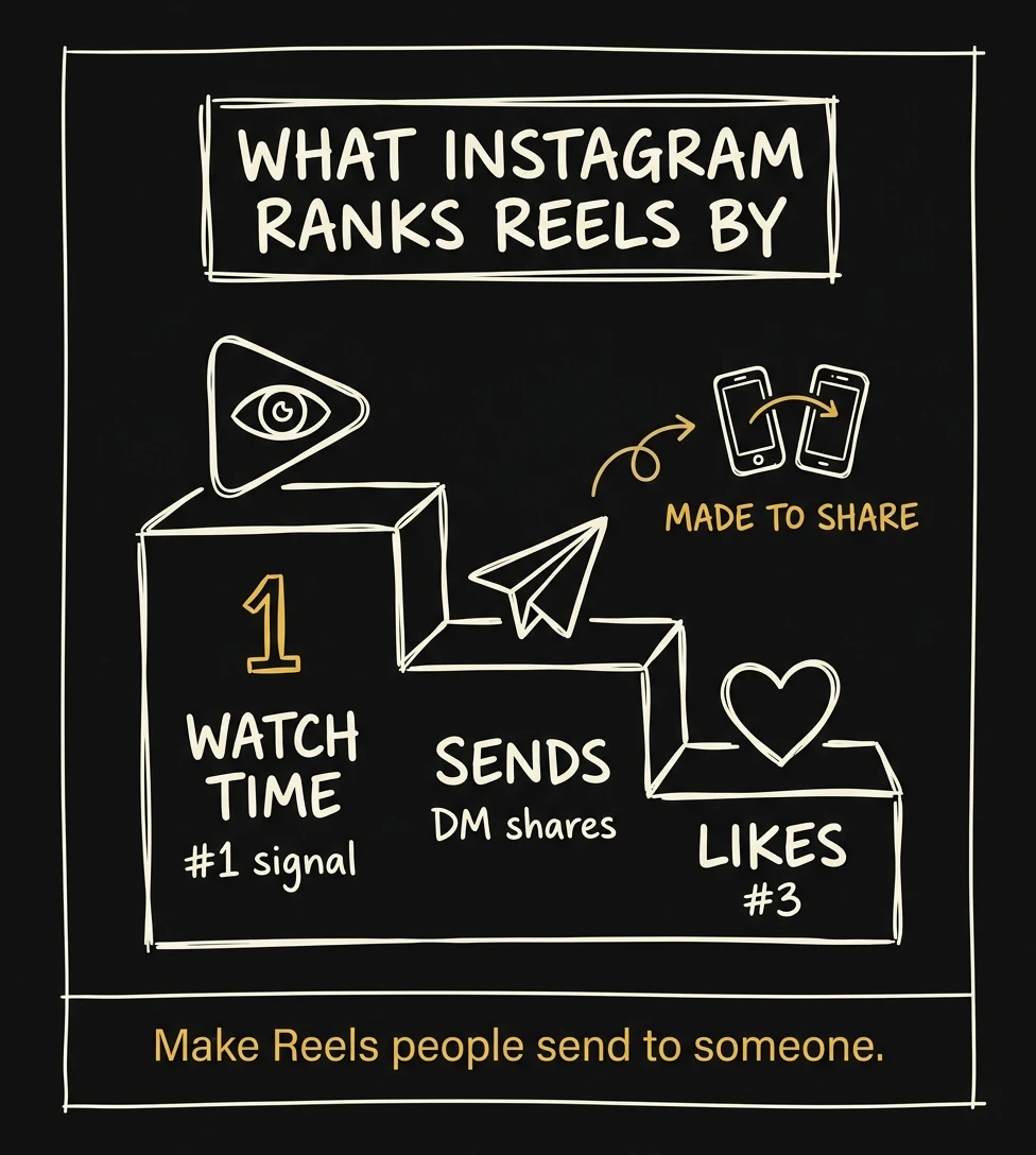 Podium infographic ranking Instagram Reels signals: watch time first, DM sends second, likes third