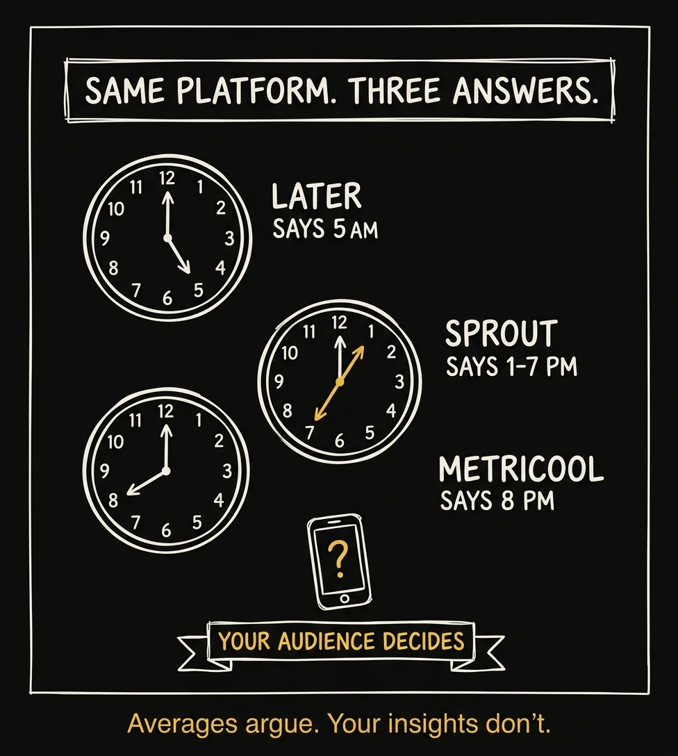 Three clocks showing 5 a.m., 1–7 p.m., and 8 p.m. — three studies giving three different best times to post