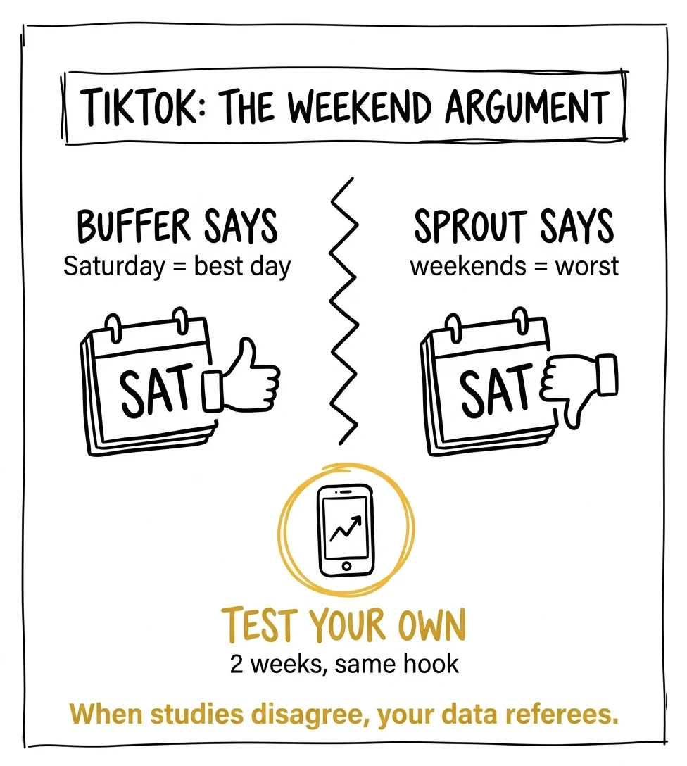 Split infographic showing Buffer calling Saturday the best TikTok day while Sprout Social calls weekends the worst