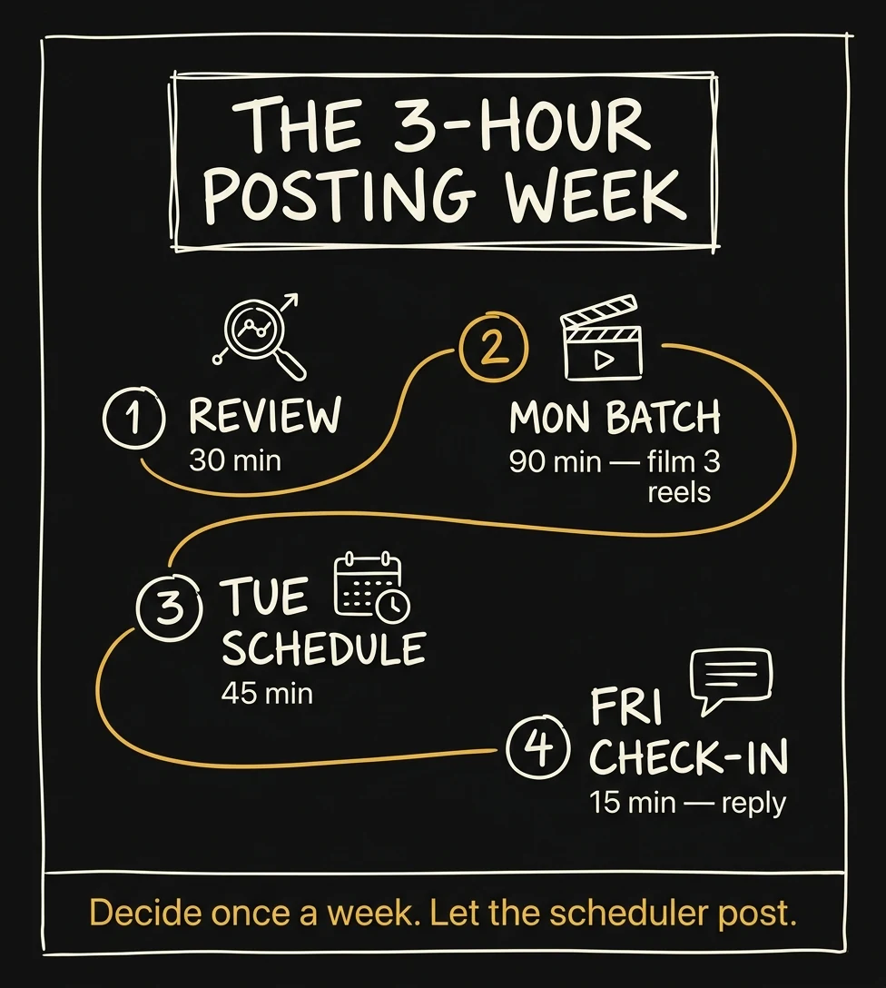 Winding path infographic of the 3-hour weekly posting system: Monday review, Monday batch, Tuesday schedule, Friday check-in