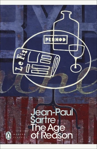 Penguin Modern Classics cover of Jean-Paul Sartre's The Age of Reason, with a cafe-table line drawing of Pernod and Le Figaro