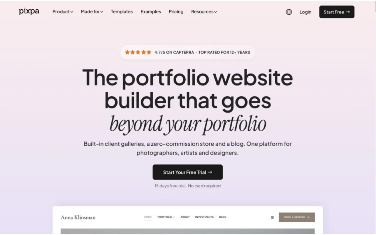 Pixpa official portfolio website builder homepage