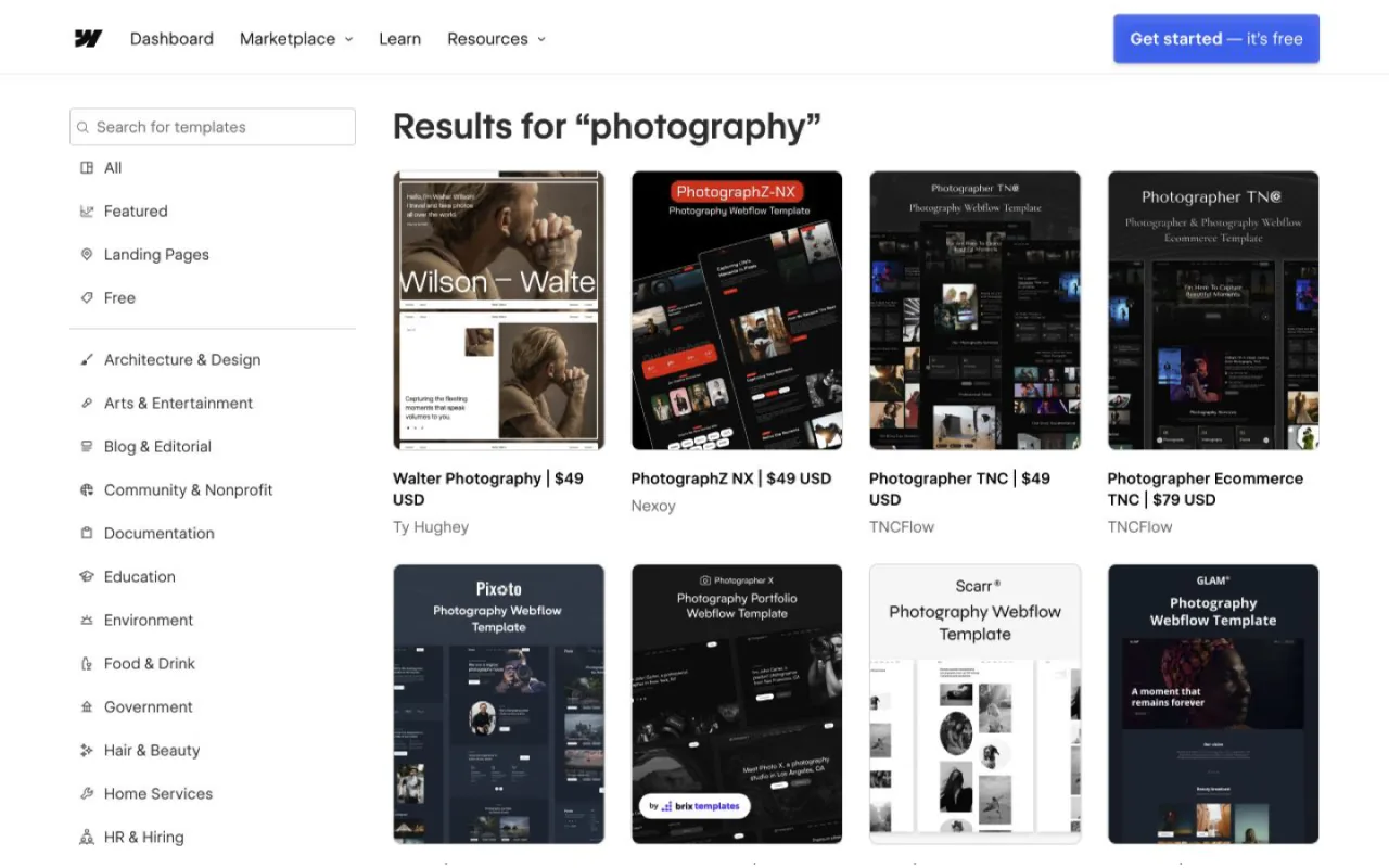 Webflow official photography website templates
