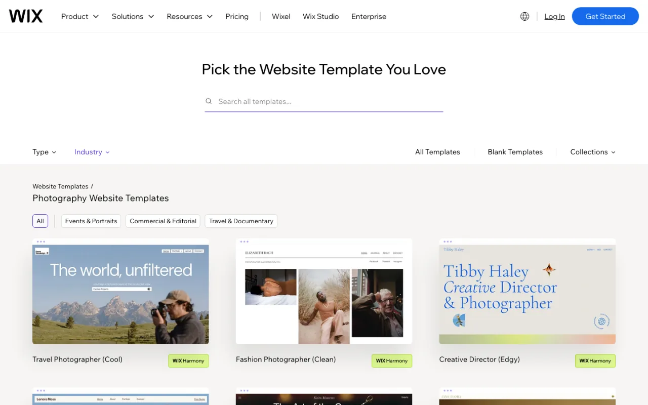 Wix official photography website template gallery