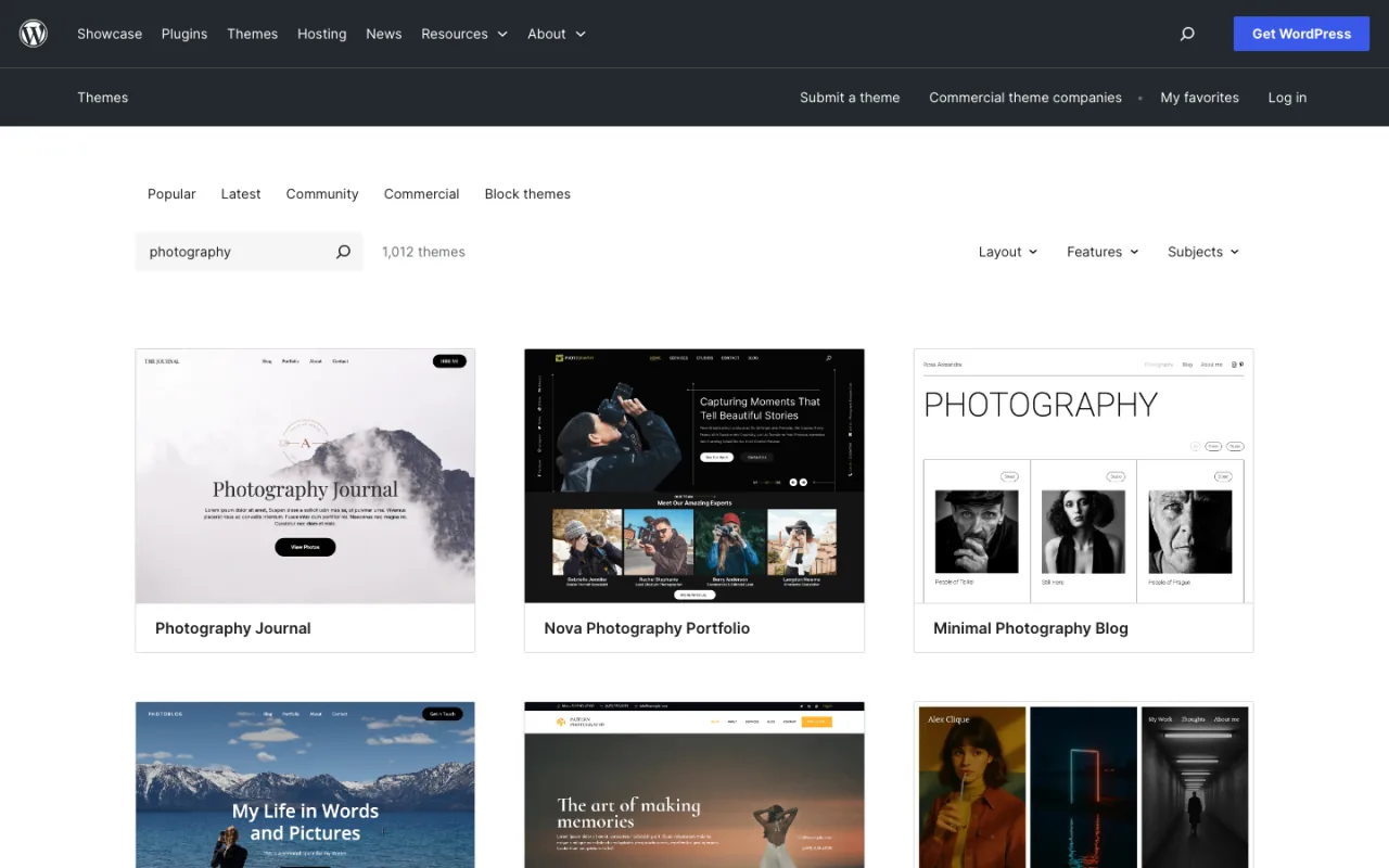 WordPress.org official photography theme search